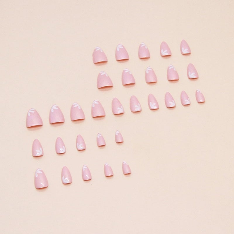 CTTHNBD Short Press Almond Pink False Nails with Cute Flower Design - Glitter Acrylic Glossy Full Cover Glue on Shiny Artificial Nails for Women's Manicure - 30Pcs - Image 4